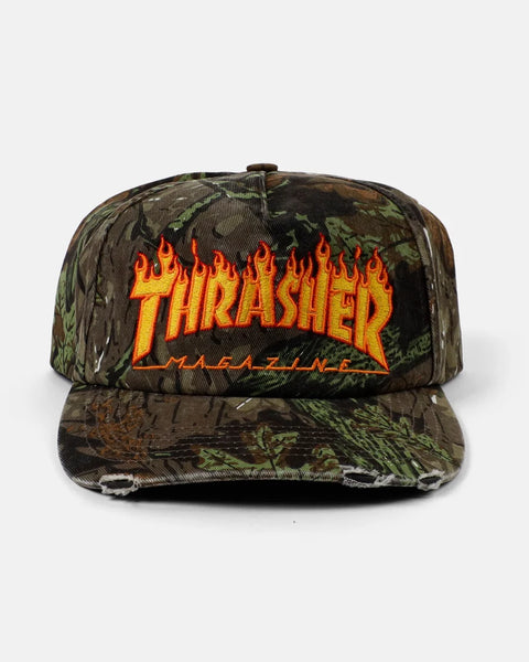 Thrasher Flame Distressed Snapback Cap - Camo